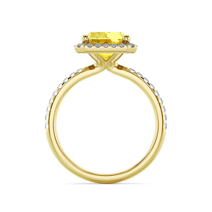3.00 carat bague solitaire de type auréole avec un diamant jaune de taille radiant synthétique en or jaune