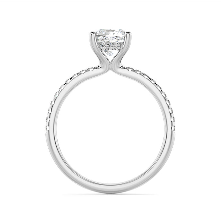 1.00 carats bague solitaire avec un diamant synthétique coussin et un halo caché en or blanc