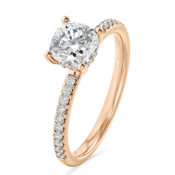 Search all PLP - 2.00 carats bague solitaire avec un diamant synthétique coussin et un halo caché en or rouge