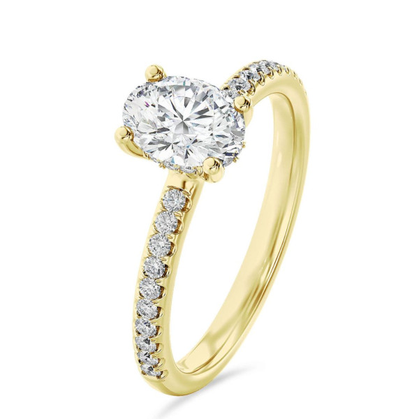 Search all PLP - 1.50 carats bague solitaire avec un diamant synthétique ovale et un halo caché en or jaune