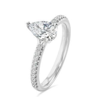 1.20 carats bague solitaire avec un diamant synthétique poire et un halo caché en or blanc