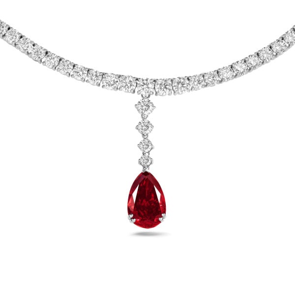 Search all PLP - One of a kind 34.90 carats collier dégradé en or blanc avec un diamant Fancy Vivid rouge de la taille poire