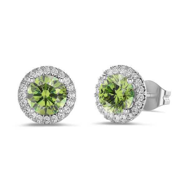 Nouveautés - Boucles d’oreilles halo avec diamants Fancy Vivid Green de synthèse 2,00 carats en or blanc
