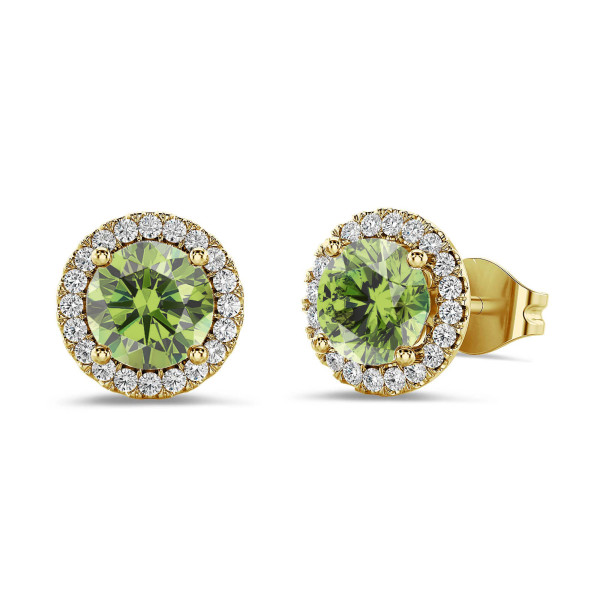 Boucles d'oreilles - Boucles d’oreilles halo avec diamants Fancy Vivid Green de synthèse 2,00 carats en or jaune