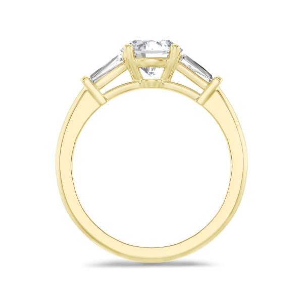 Bagues - 3.00 carat Bague trilogie en or jaune avec un diamant de laboratoire rond et deux diamants de laboratoire baguettes de forme conique