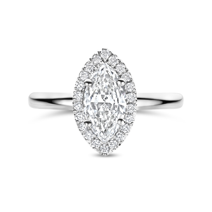 3.00 carats bague solitaire de type auréole avec un diamant de laboratoire marquise en or blanc avec diamants de laboratoire ronds