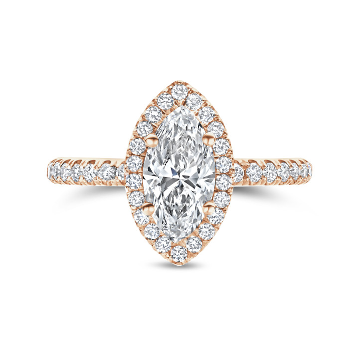 1.00 carats bague solitaire de type auréole avec un diamant de laboratoire marquise en or rouge avec diamants de laboratoire ronds