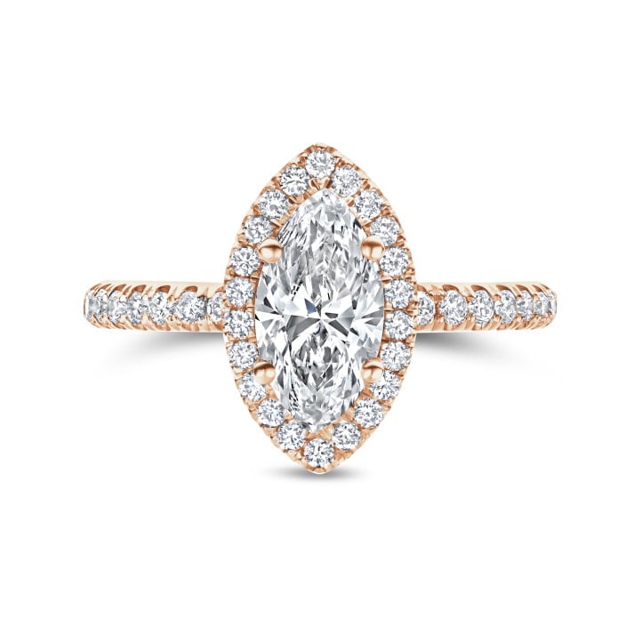 1.50 carats bague solitaire de type auréole avec un diamant de laboratoire marquise en or rouge avec diamants de laboratoire ronds