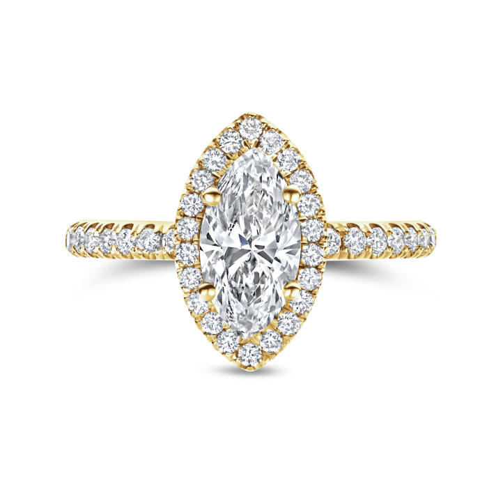 1.00 carats bague solitaire de type auréole avec un diamant de laboratoire marquise en or jaune avec diamants de laboratoire ronds