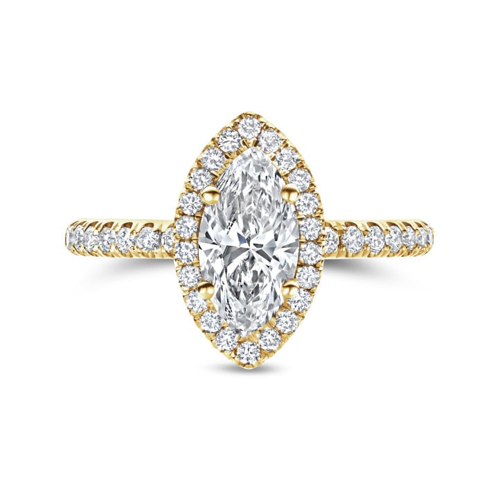 1.50 carats bague solitaire de type auréole avec un diamant de laboratoire marquise en or jaune avec diamants de laboratoire ronds