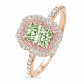Bague double halo de 1,20 carat avec un diamant Fancy-Vivid Green de laboratoire, taille radiant, en or rouge