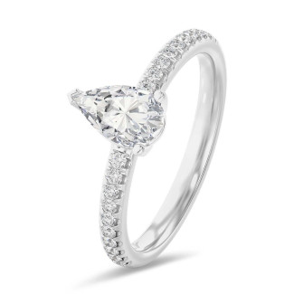 1.00克拉梨形切工白金培育單鑽戒指 - 戒圏密镶小鑽石