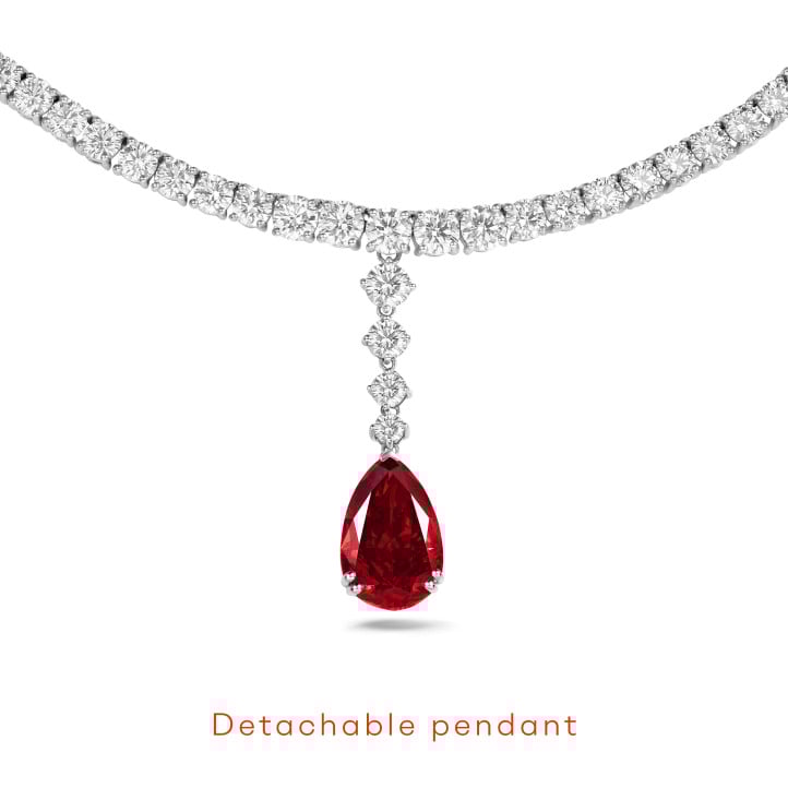 獨一無二的 34.90 克拉白金培育鑽石漸變項鍊，鑲嵌一顆Fancy Vivid 紅色豔彩梨形培育鑽石