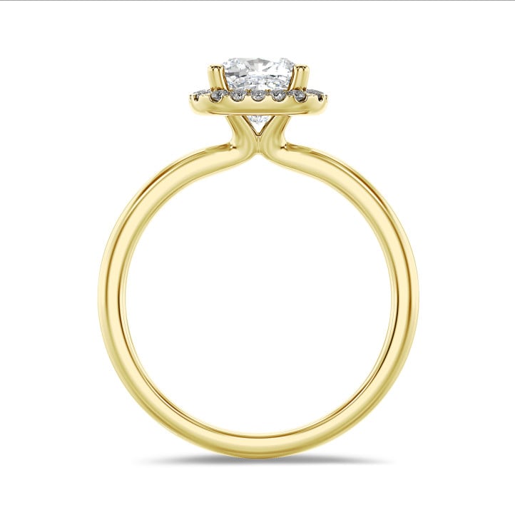 Anello solitario halo da 2,50 carati con diamante cushion coltivato in laboratorio in oro giallo con diamanti tondi coltivati in laboratorio