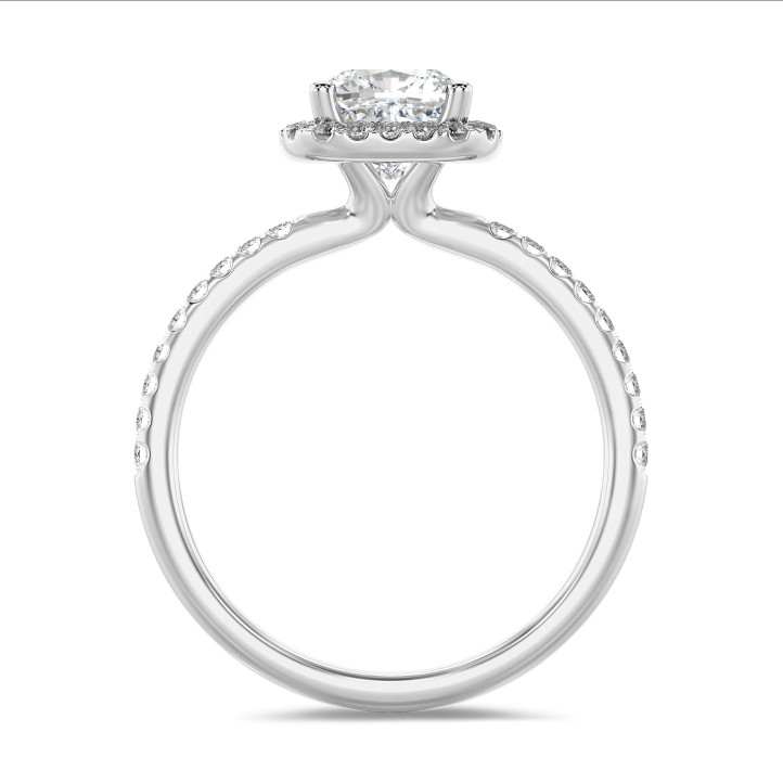 Anello solitario halo da 1,20 carati con diamante cushion in oro bianco con diamanti tondi