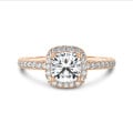Anello solitario halo da 1,20 carati con diamante cushion in oro rosso con diamanti tondi