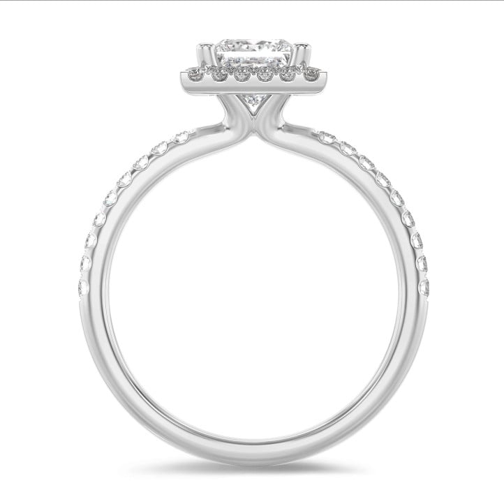 Anello solitario halo da 1,20 carati con diamante princess in oro bianco con diamanti tondi