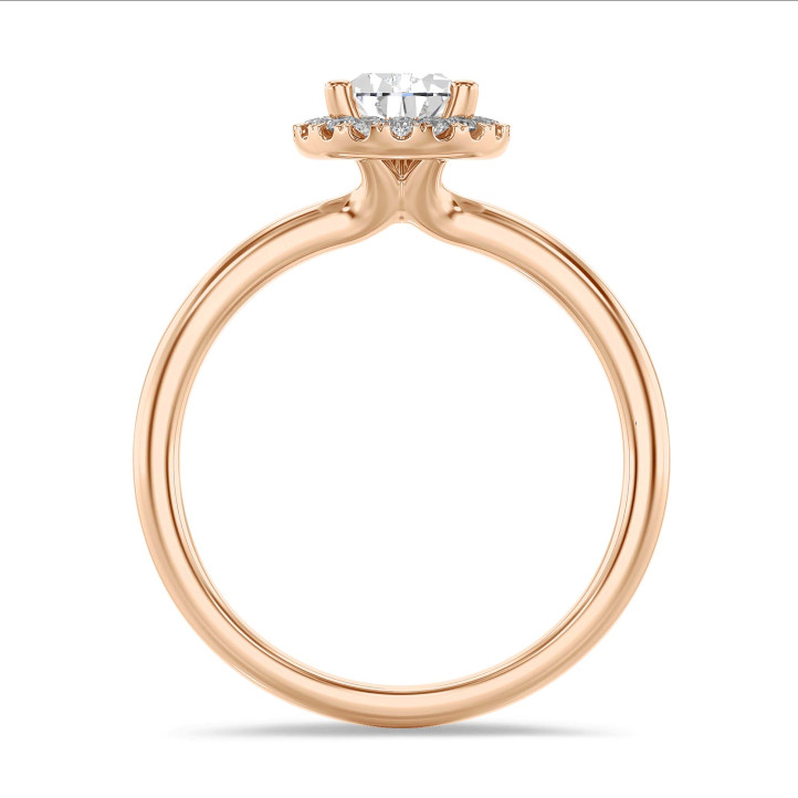 Anello solitario halo da 1,20 carati con diamante pera in oro rosso con diamanti rotondi