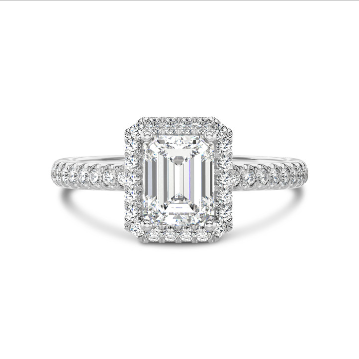 Anello solitario halo da 3,00 carati con diamante taglio smeraldo coltivato in laboratorio in oro bianco con diamanti rotondi coltivati in laboratorio