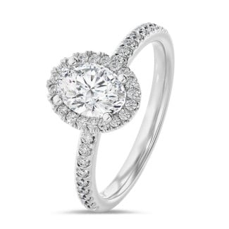 Anello solitario halo da 1,20 carati con diamante ovale coltivato in laboratorio in oro bianco con diamanti rotondi coltivati in laboratorio
