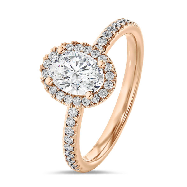 Anello solitario halo da 1,50 carati con diamante ovale coltivato in laboratorio in oro rosso con diamanti rotondi coltivati in laboratorio