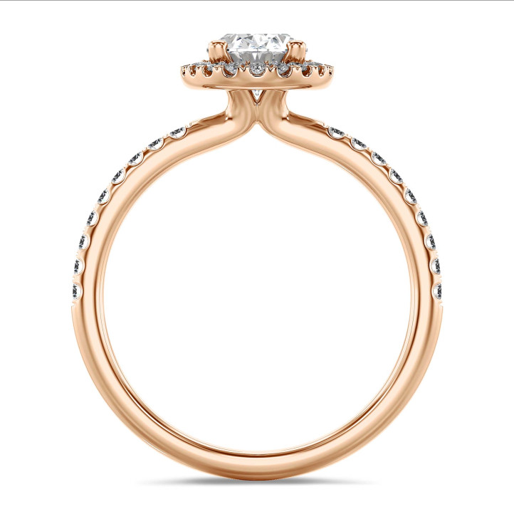 Anello solitario halo da 2,00 carati con diamante ovale in oro rosso con diamanti rotondi