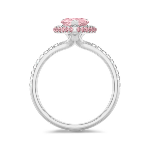 Anello solitario da 2,00 carati con alone bianco e alone laterale rosa, diamante lab-grown rosa a goccia e diamanti lab-grown laterali in oro bianco