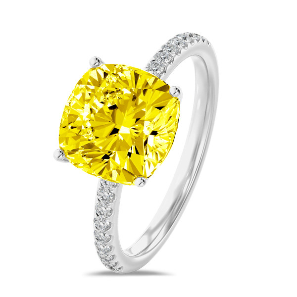 Anelli di fidanzamento - Anello solitario da 3,00 carati in oro bianco con diamante cuscino e diamanti laterali