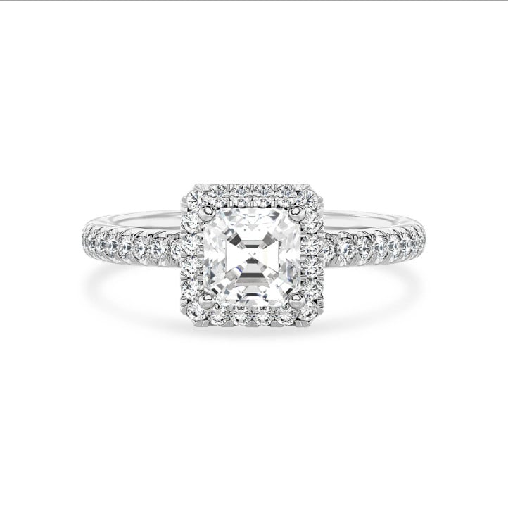 Anello solitario halo da 1,20 carati con diamante taglio asscher coltivato in laboratorio in oro bianco e diamanti tondi coltivati in laboratorio