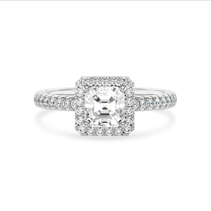 Anello solitario halo da 1,50 carati con diamante taglio asscher coltivato in laboratorio in oro bianco e diamanti tondi coltivati in laboratorio