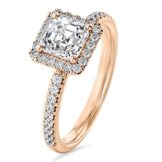 Anello solitario halo da 1,20 carati con diamante taglio asscher coltivato in laboratorio in oro rosso e diamanti rotondi coltivati in laboratorio