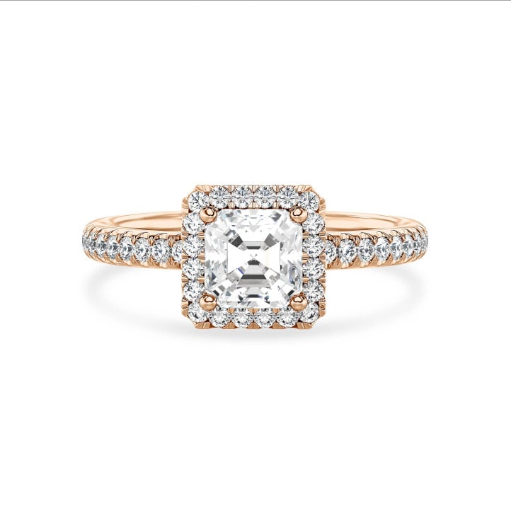 Anello solitario halo da 1,50 carati con diamante taglio asscher coltivato in laboratorio in oro rosso e diamanti rotondi coltivati in laboratorio