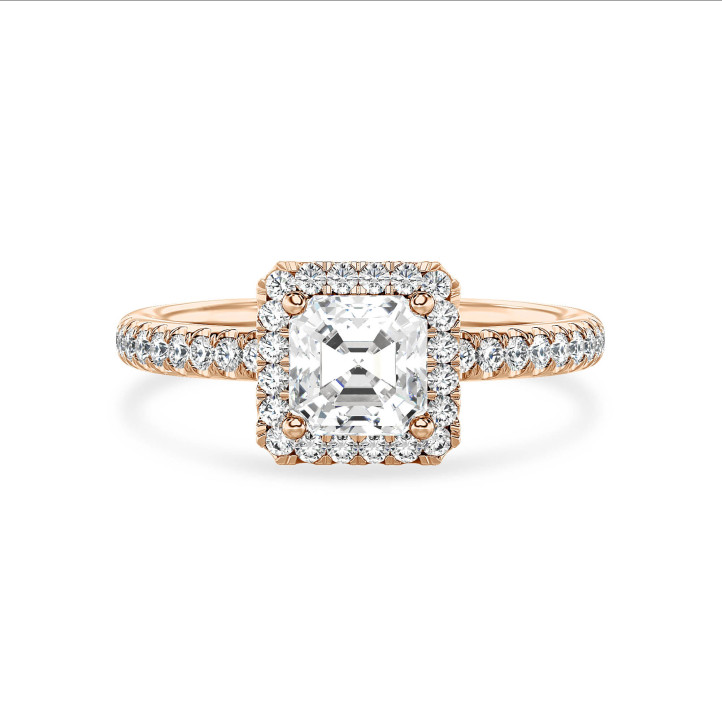 Anello solitario halo da 2,00 carati con diamante taglio asscher coltivato in laboratorio in oro rosso e diamanti rotondi coltivati in laboratorio