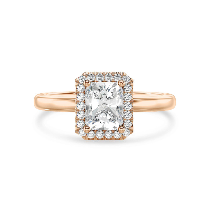 Anello solitario halo da 1,50 carati con diamante a taglio brillante coltivato in laboratorio in oro rosso e diamanti rotondi coltivati in laboratorio