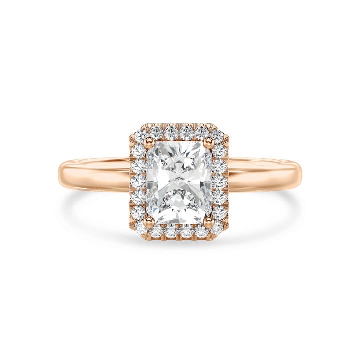 Anello solitario halo da 1,50 carati con diamante a taglio brillante coltivato in laboratorio in oro rosso e diamanti rotondi coltivati in laboratorio