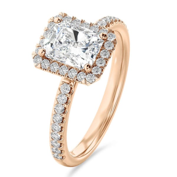 Search all PLP - Anello solitario halo da 1,50 carati con diamante a taglio brillante coltivato in laboratorio in oro rosso e diamanti tondi coltivati in laboratorio