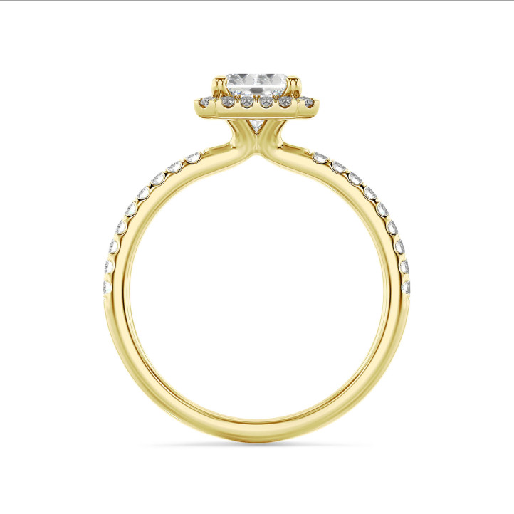 Anello solitario halo da 1,20 carati con diamante taglio brillante in oro giallo e diamanti tondi