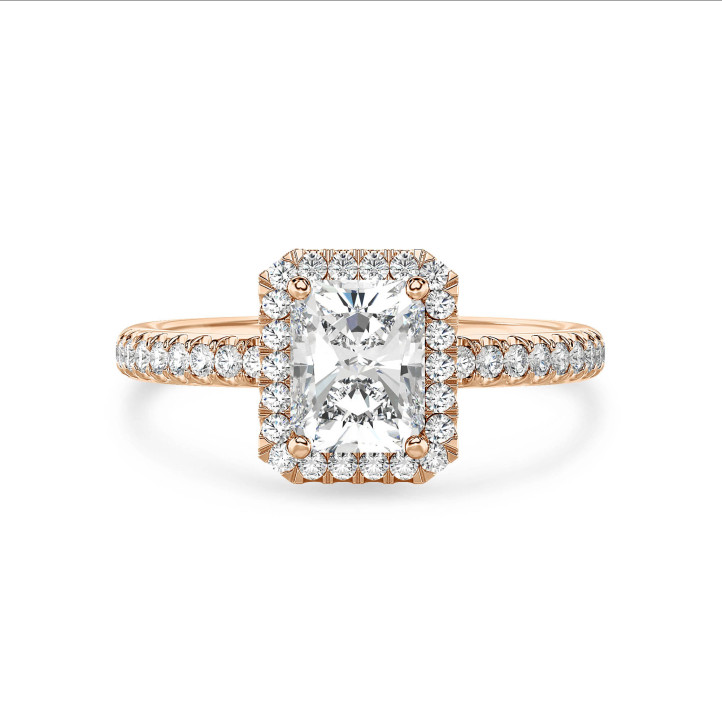 Anello solitario halo da 5,00 carati con diamante a taglio brillante coltivato in laboratorio in oro rosso e diamanti rotondi coltivati in laboratorio