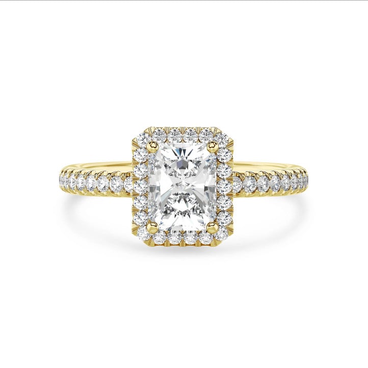 Anello solitario halo da 5,00 carati con diamante taglio brillante coltivato in laboratorio in oro giallo e diamanti tondi coltivati in laboratorio