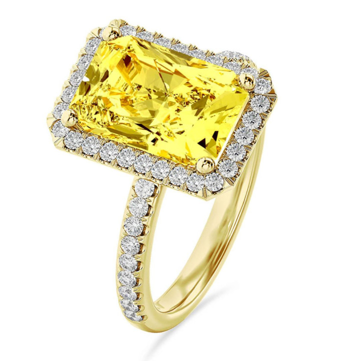 Anello solitario halo da 3,00 carati con diamante giallo taglio brillante , in oro giallo