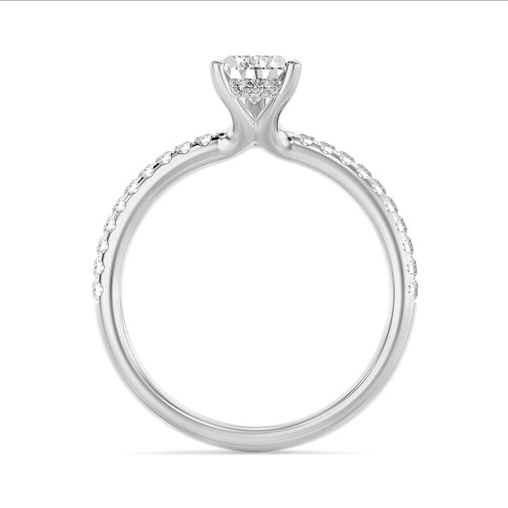 Anello solitario da 1,50 carati con diamante pera coltivato in laboratorio e alone nascosto in oro bianco