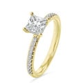 Anello solitario da 1,50 carati con diamante princess e aureola nascosta in oro giallo