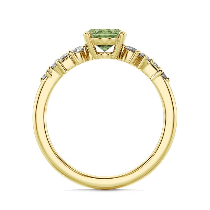 Anello solitario a grappolo da 1,00 carati in oro giallo con diamante ovale Fancy Vivid Green