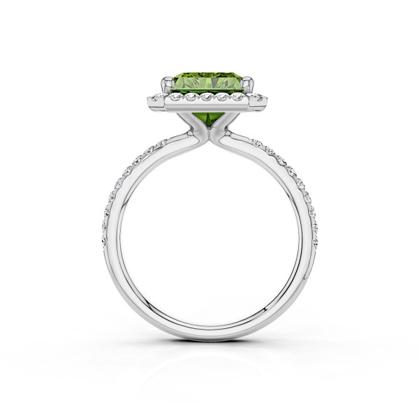 Search all PLP - Anello solitario con halo da 2,00 carati con un diamante sintetico taglio smeraldo Fancy Vivid Green in oro bianco con diamanti laterali