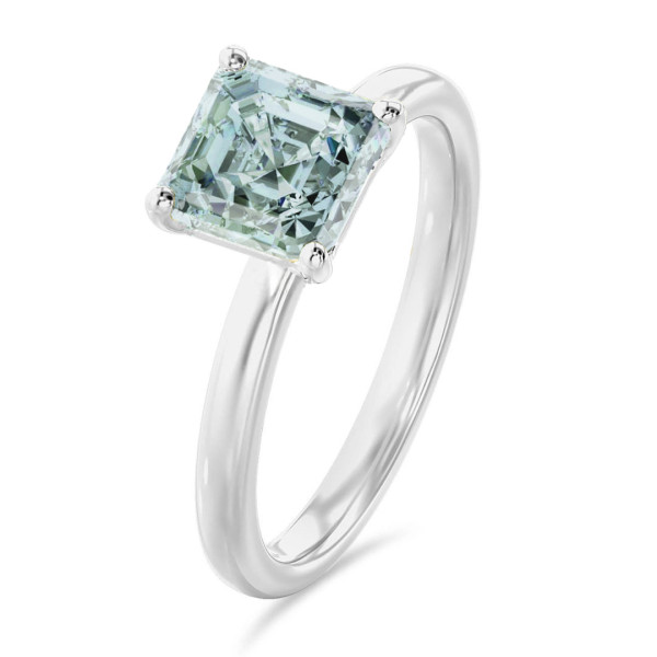 Search all PLP - Edizione speciale - Anello solitario da 2,50 carati con un diamante sintetico Fancy Intense-Vivid Blue-Green taglio Asscher in oro bianco