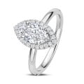 Anello solitario halo da 1,00 carati con diamante marquesa in oro bianco con diamanti rotondi