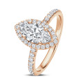 Anello solitario halo da 3,00 carati con diamante marquesa coltivato in laboratorio in oro rosso con diamanti rotondi coltivati in laboratorio