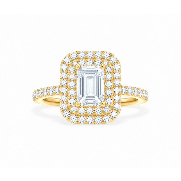 Anello con diamante taglio smeraldo realizzato su misura con doppio halo