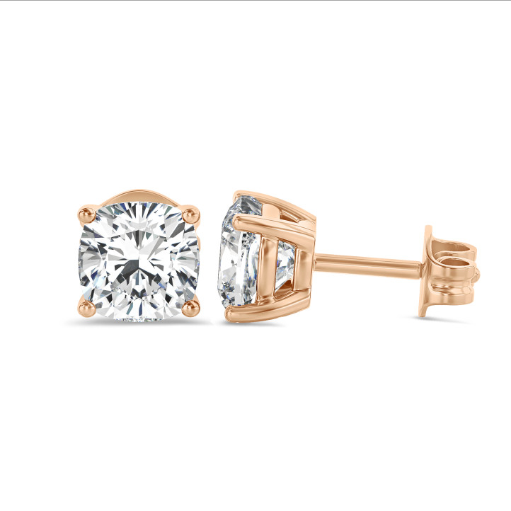 4.00カラットのソリティア、ダイヤモンド、クッションカット、レッドゴールドのピアス
