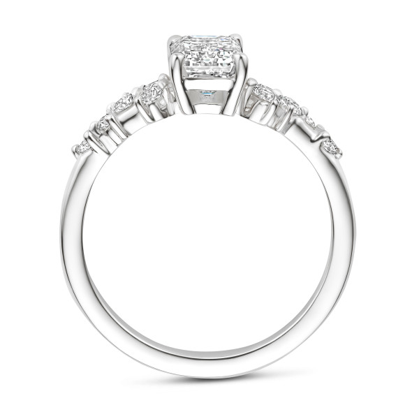 婚約指輪 - 2.00カラットのソリテールクラスターリング、ホワイトゴールド製、エメラルドカットダイヤモンド付き